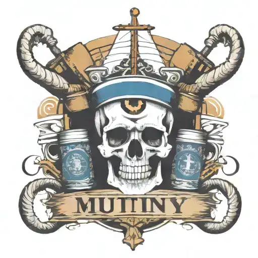 container ship with stacks of containers with a skull and anchor below and with text below that says "MUTINY" tattoo design idea