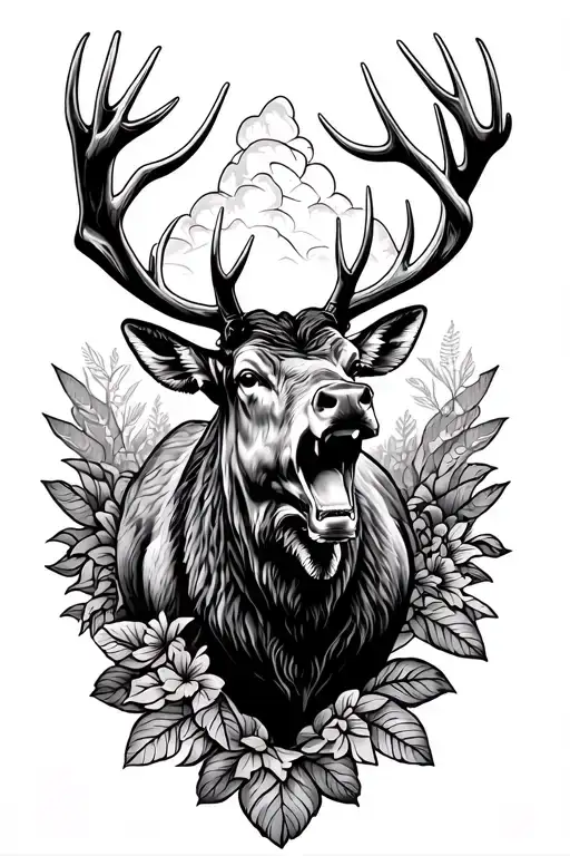bull elk screaming in a hawaiian pattern with a a big mule deer, all in fish scales tattoo design idea