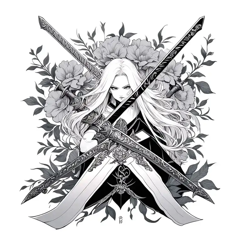 sao kiritos duel wielding swords with a floral pattern tattoo design idea