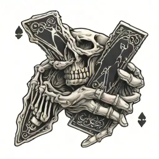 hand of skeleton holding 2 playing cards.  tattoo design idea