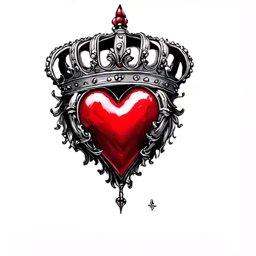 thin red heart with crown on top tattoo design idea