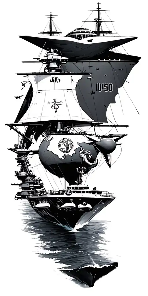 Nautical map, sail boat, f18 Super Hornet uss enterprise, usmc tattoo design idea