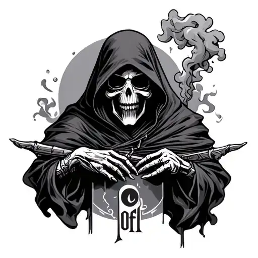 grim reaper with smoke and 1of1 underneath it tattoo design idea