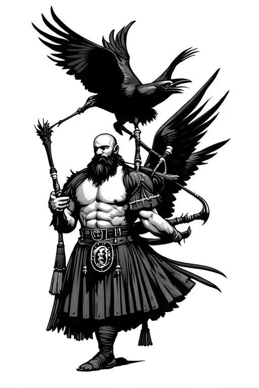 muscular bagpiper bald black beard black huge wings on his back playing the bagpipes flying crow with claws tattoo design idea