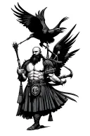 muscular bagpiper bald black beard black huge wings on his back playing the bagpipes flying crow with claws tattoo design idea