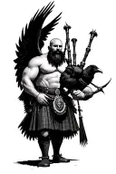 muscular bagpiper bald black beard black huge wings on his back playing the bagpipes flying crow with claws tattoo design idea