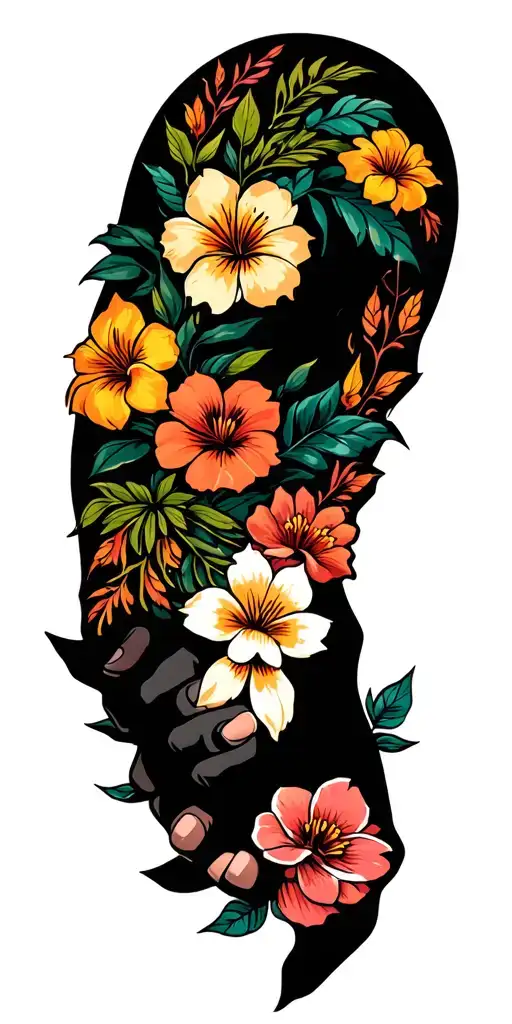Hands shaking with hawiian flowers in the back tattoo tattoo design idea