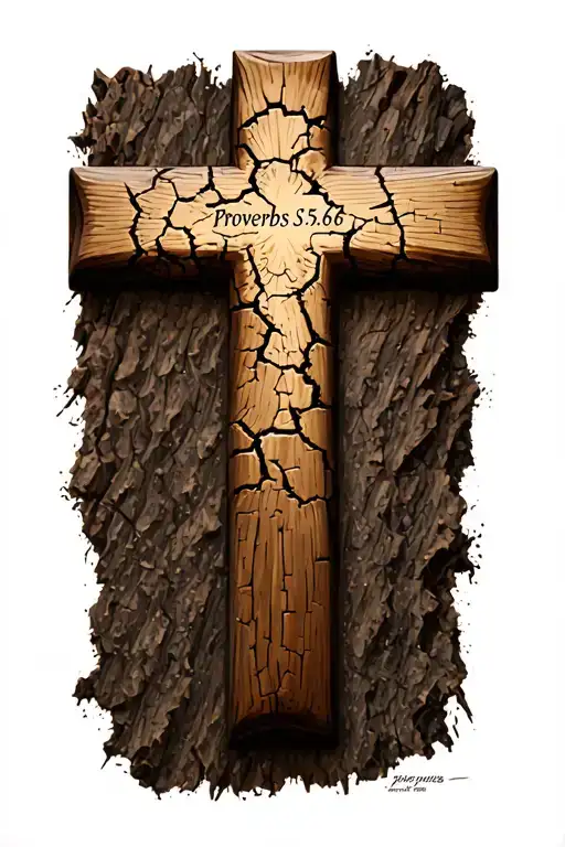 A wooden cross with visible cracks in it. Down the middle of the cross, Proverbs 3:5,6 is engraved in the wood. tattoo design idea