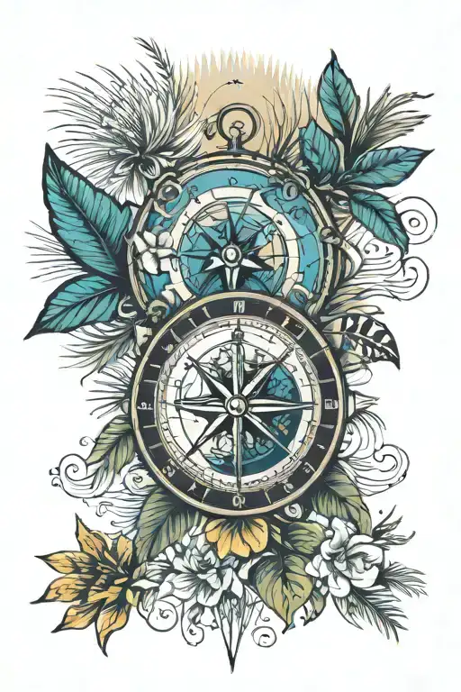 compass sea turtle, palm trees, tiger, lilies water tattoo design idea