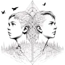 The rear background of the forest, in the middle of the rune, two faces of the boys looking in different directions of Vokrgu are flying crows, the form of a tattoo geometry tattoo design idea