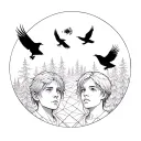 The rear background of the forest, in the middle of the rune, two faces of the boys looking in different directions of Vokrgu are flying crows, the form of a tattoo geometry tattoo design idea