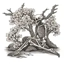 skeleton praying next to a cherry blossom tree tattoo design idea