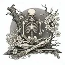 skeleton praying next to a cherry blossom tree tattoo design idea