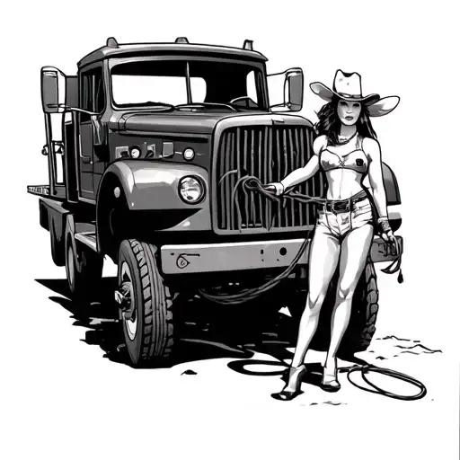 tow truck with a cow girl holding a lasso tattoo design idea
