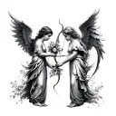 Two angels facing each other one holding flowers and the other holding a bow and arrow  tattoo design idea