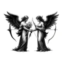 Two angels facing each other one holding flowers and the other holding a bow and arrow  tattoo design idea