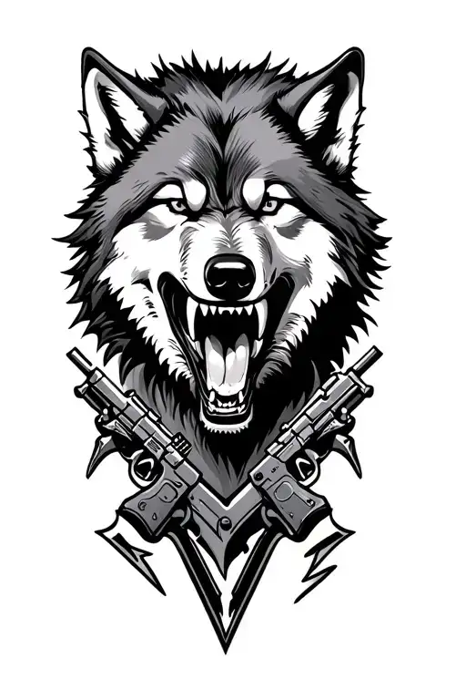 wolf showing teeth, guns, lightening bolts tattoo design idea