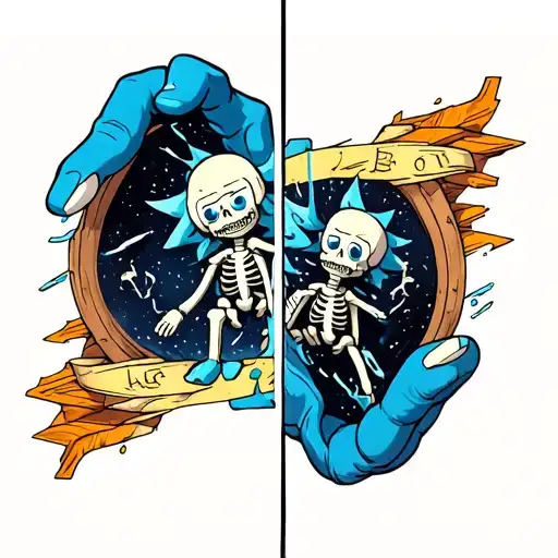 make a hand tattoo with half of it a Kaws figure falling into a Rick and Morty portal and the other half skeleton thumb  tattoo design idea