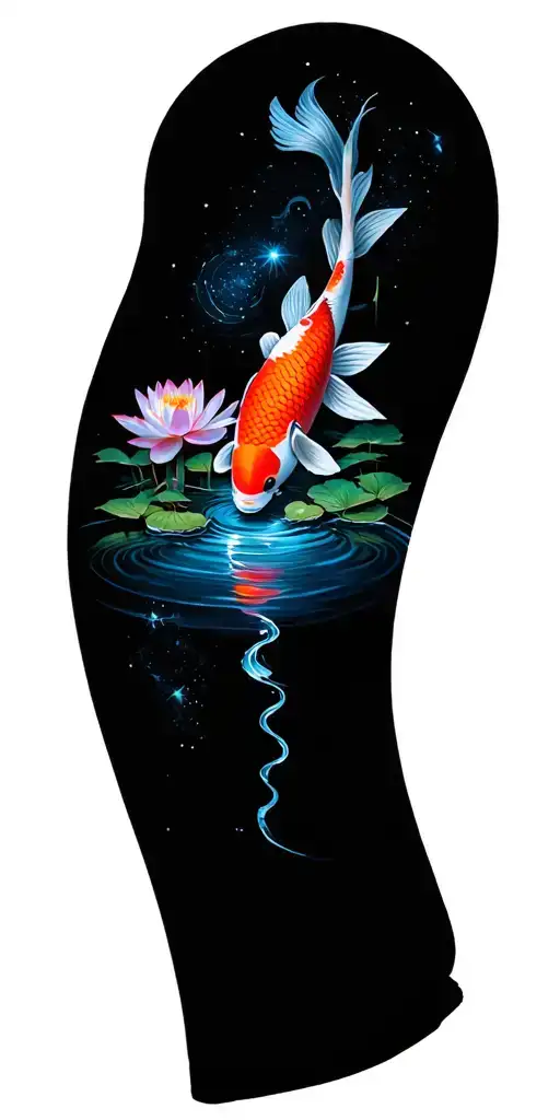 path of enlightenment along sleeve from wrist to shoulder. lotus, water, constellation, koi, bamboo, tiny home tattoo design idea