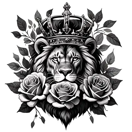 roses and a crown and a lion  tattoo design idea