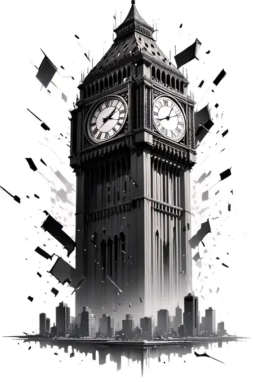 grand city clock tower breaking apart floating in the matrix tattoo design idea