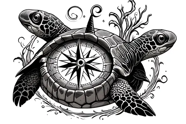 nautical compass within a sea turtle in a half sleeve style  tattoo design idea