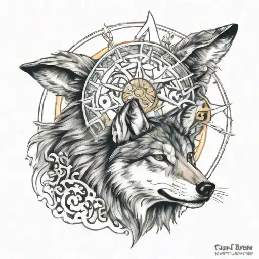 Tattoo incorporating Gemini sun, the name Bundy, a wolf, and fire tattoo design idea