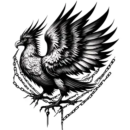 Black ink tattoo showing rise from struggles to dreams; phoenix, broken chains, flowing energy, eyes of strength, deep  tattoo design idea