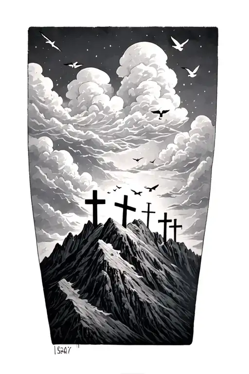 Bible vers Isaiah 54:17 and clouds and three crosses on a mountain with clouds and birds on the forearm tattoo design idea