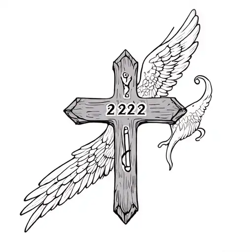 wooden  cross, two angel wings, number 222 tattoo design idea