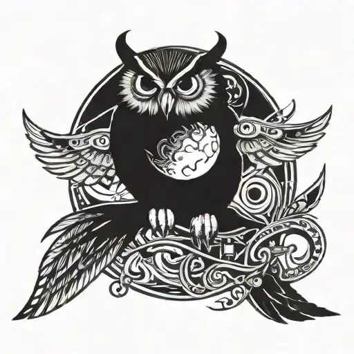 demented owl flying with the moon tattoo design idea