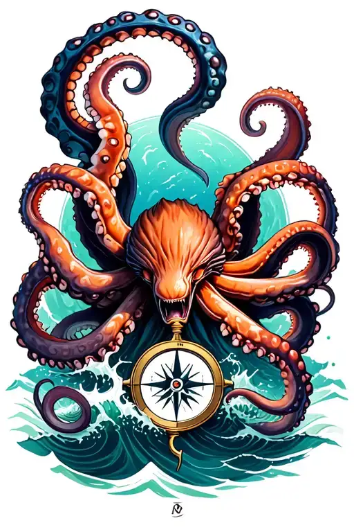 angry kracken octopus in ocean with nautical compass in middle with tentacles out wide with waves tattoo design idea