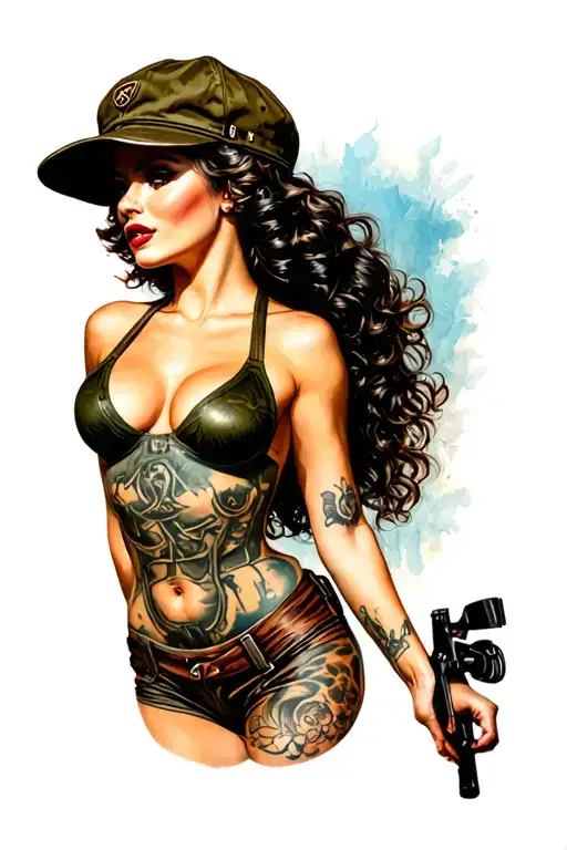 Sexy pin up girl, side profile, full body view, standing, petite, large boobs, Army hat tattoo design idea