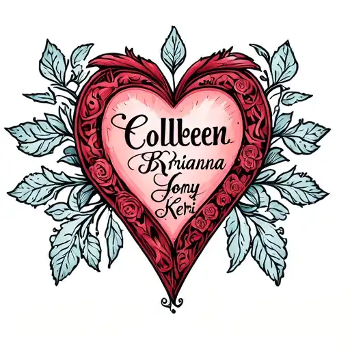 heart with the name Colleen in the middle and the names Brianna Joey Jonny and Keri as the outline of the heart  tattoo design idea