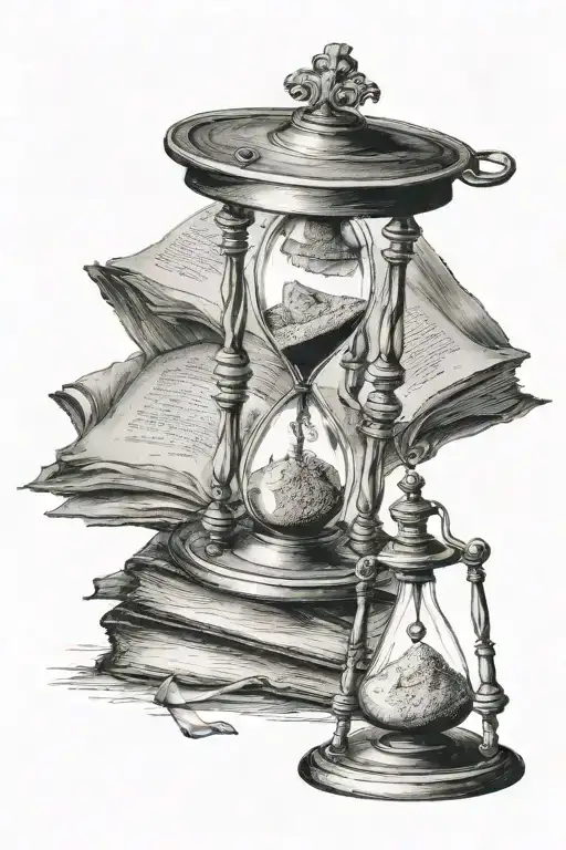 Old fashioned hourglass standing on old book tattoo design idea