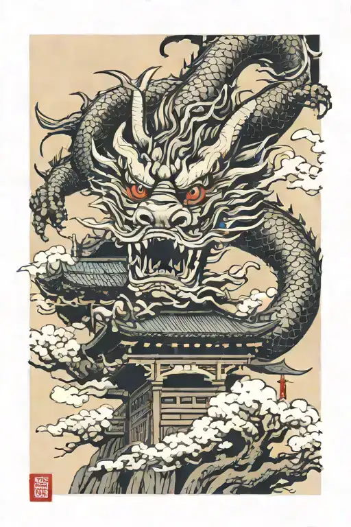 Japanese dragon flying through Japanese Tori gate with the head of the dragon trying to eat an oni mask  tattoo design idea
