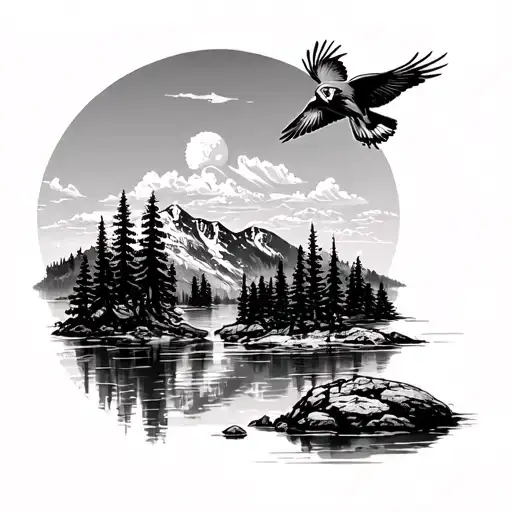 A lake in the mountains sorounded by trees and a silhouette of kestrel flying in the sky tattoo design idea