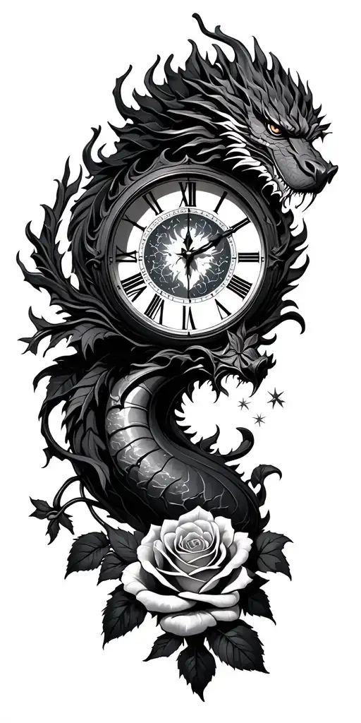 roses growing, clock face inside, dragon wrapped, star constelation tattoo design idea