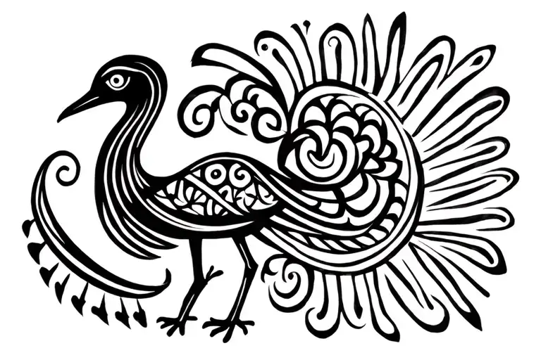 Egyptian style, long body bird, curly tail, no legs, no feet. tattoo design idea