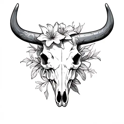 bull skull with lilies wrapped tattoo design idea