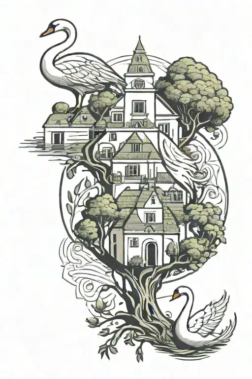Amory village with a swan with a crown and at its feet one branch of olive tree and one branch of oak tree tattoo design idea