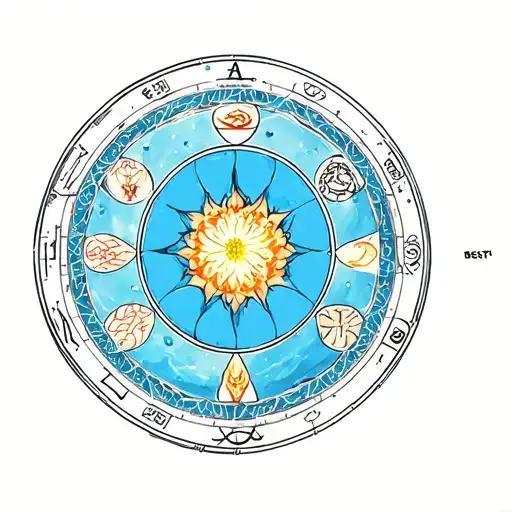 flower of life inside of zodiac wheel with fire, water, earth, air, aether and tibetan endless knot tattoo design idea