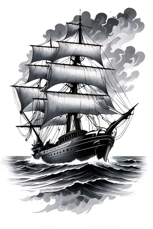 burning ship tattoo design idea