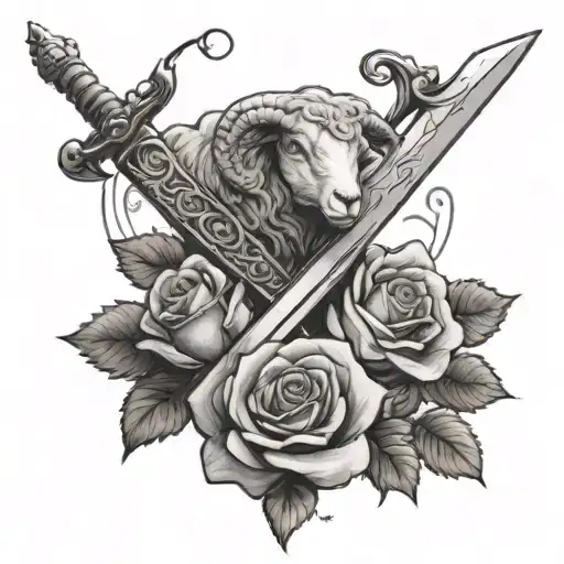 medieval sword with rose intertwined and a baby sheep blended in tattoo design idea