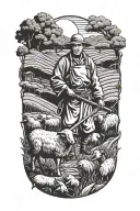 Chinese farmer with a scythe and black sheep tattoo design idea