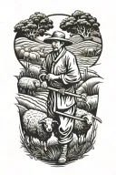 Chinese farmer with a scythe and black sheep tattoo design idea