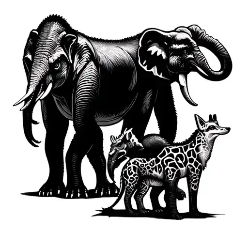 Dinosaur and elephant and a fox and giraffe and gorilla with patterns black and white in a line for a leg  tattoo design idea
