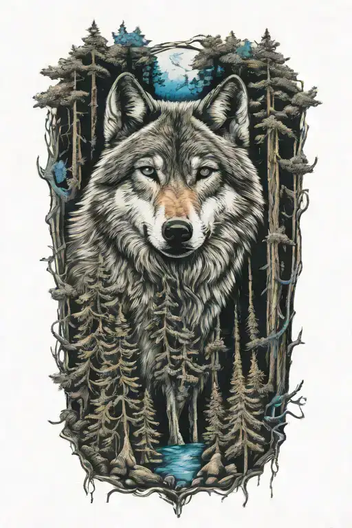 wolf blue eyes howling forest landscape tattoo design idea