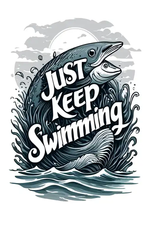 ocean theme with just keep swimming saying tattoo design idea