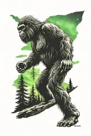 sasquatch in redwood forest with aurora borealis sky tattoo design idea